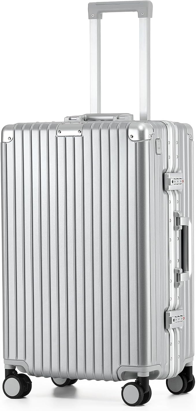 24 Inch Zipperless Checked Travel Luggage with Spinner Wheels,ABS+PC Hard Shell Suitcase with TSA Approved USB Port,Cup & Phone Holder for Women Men,Silver