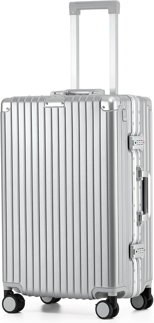 24 Inch Zipperless Checked Travel Luggage with Spinner Wheels,ABS+PC Hard Shell Suitcase with TSA Approved USB Port,Cup & Phone Holder for Women Men,Silver