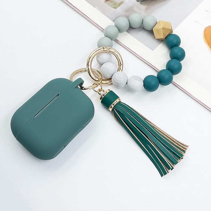 Compatible with Airpods Pro Soft Silicone Case Cover with Bracelet Keychain for Apple Airpod Pro 1st Generation Case for Women (Pine Green)