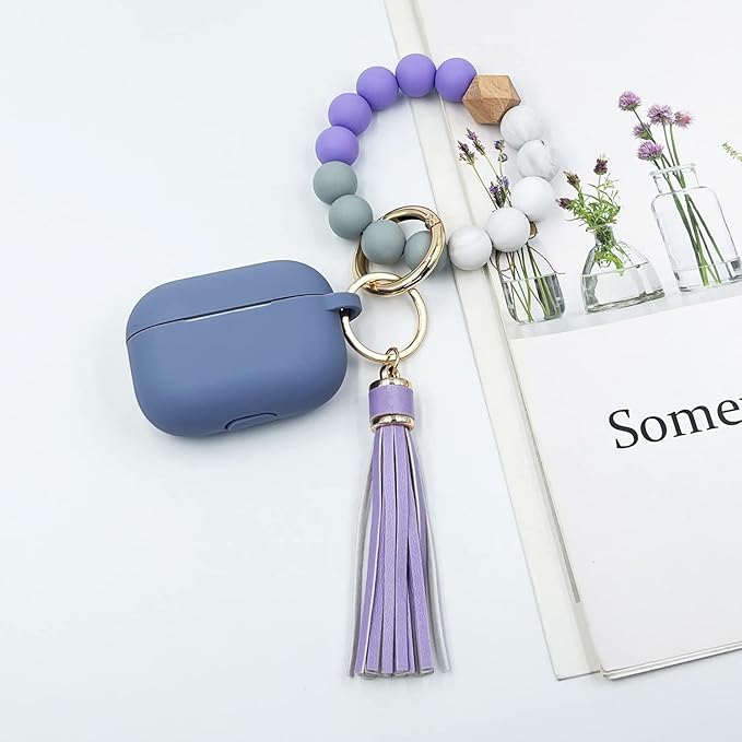 Compatible with Airpods Pro Soft Silicone Case Cover with Bracelet Keychain for Apple Airpod Pro 1st Generation Case for Women (Lavender Grey)