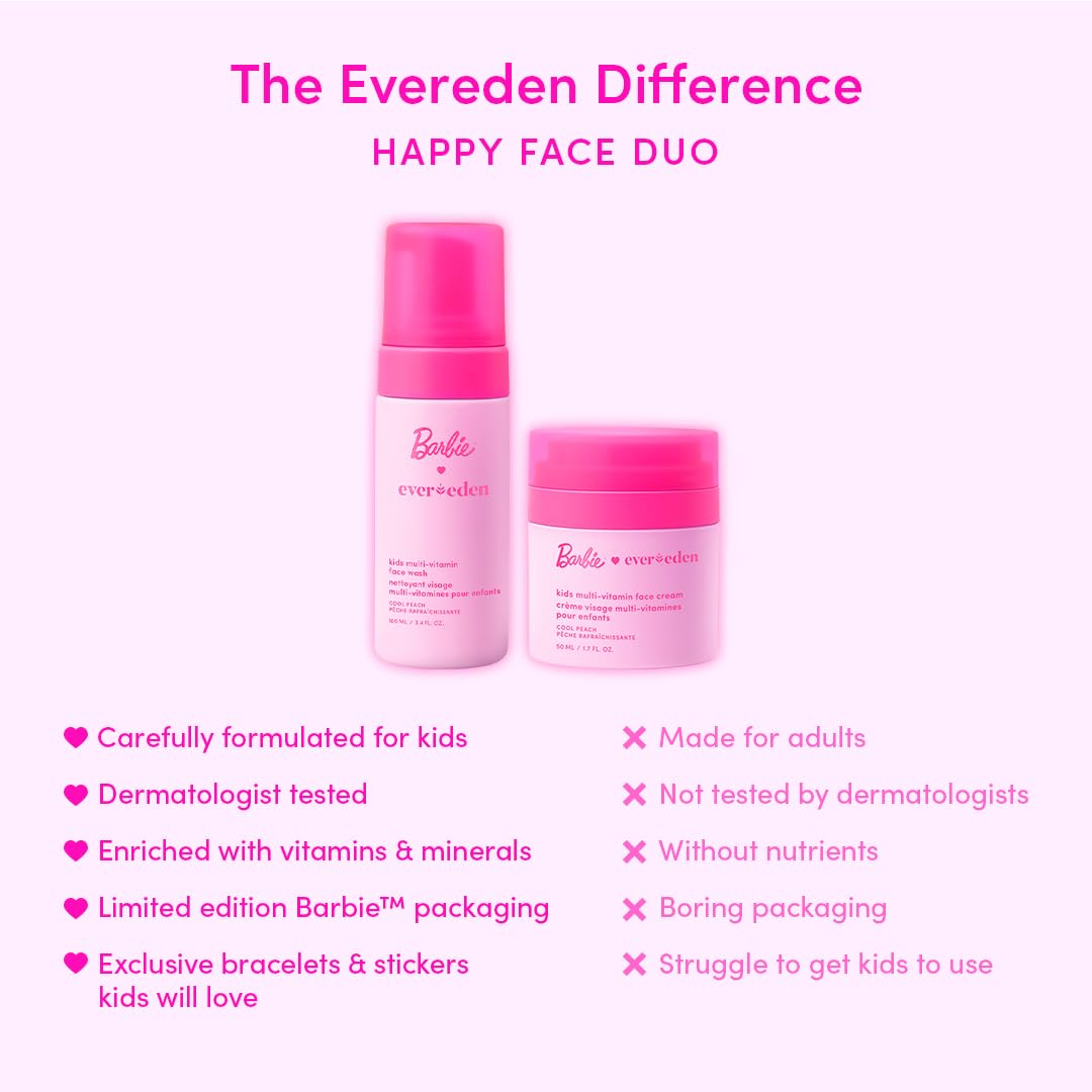 Evereden Barbie Limited Edition Kids Happy Face Duo + Exclusive Barbie Accessories | Multi-Vitamin Kids Face Wash & Cream Set with Stickers + Bracelets | Clean, Vegan Skin Care for Children 3+