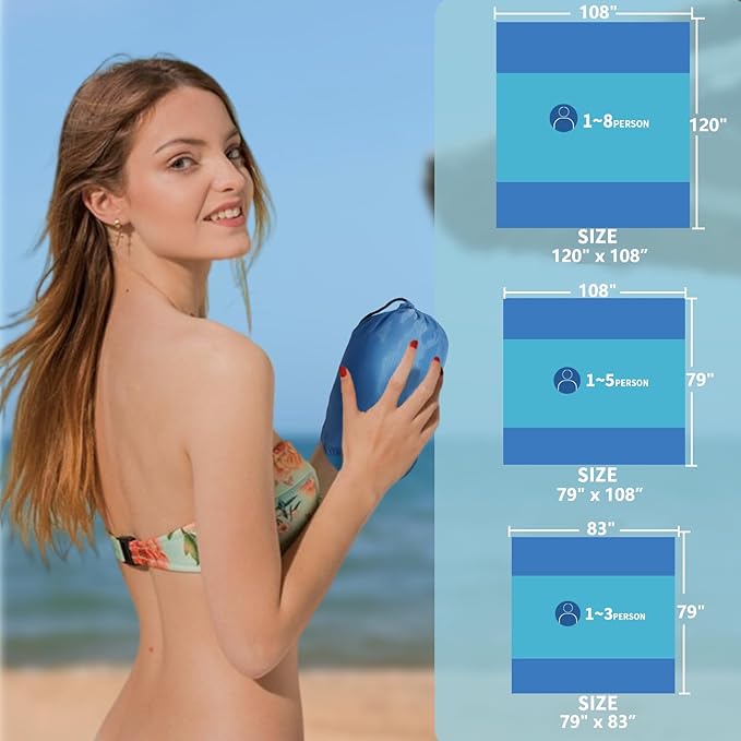 Beach Mat Sand Free Waterproof Oversized Beach Blanket Sandproof 1-8 Adults Picnic Mat Perfect Outdoor Companion for Travel, Camping, Hiking Quick Drying, Lightweight (79" X 108" (1-5 Person))