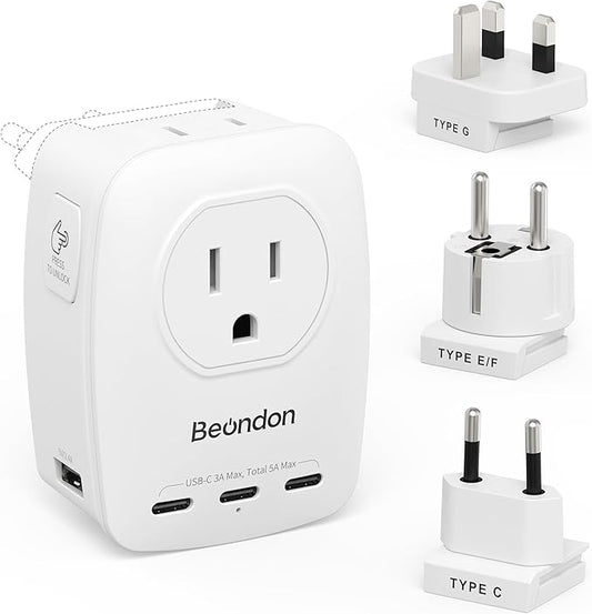 BEONDON European Travel Adapter Kit with Detachable Plugs (C/E/F/G) for UK, France, Germany, Italy, Spain & More - 2 US Outlets & 5 USB Ports (3 USB C) - Multi-Device Charger