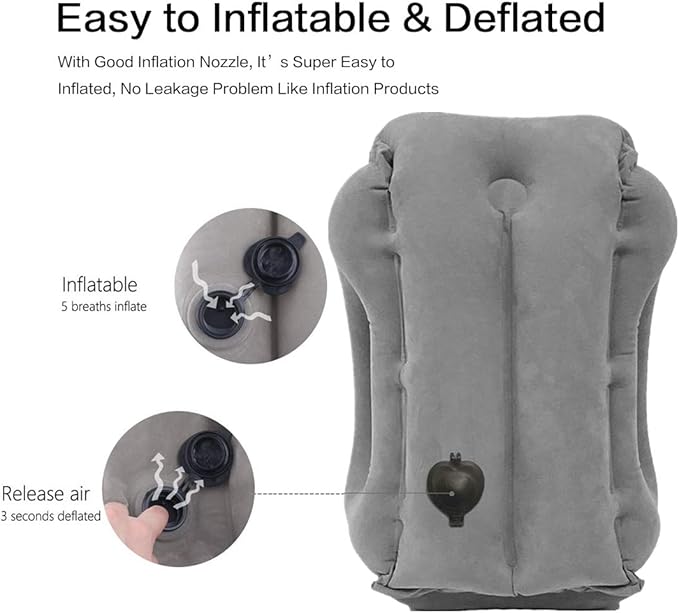 Inflatable Travel Air Pillow for Sleeping to Avoid Neck and Shoulder Pain, Comfortably Support Head and Lumbar, Used for Airplane, Car, Bus and Office (Grey)
