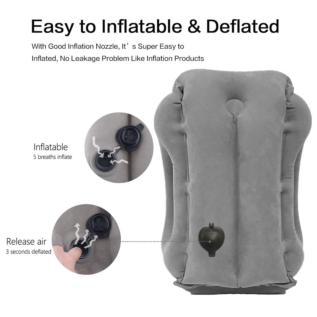 Kimiandy Inflatable Travel Air Pillow for Sleeping to Avoid Neck and Shoulder Pain, Comfortably Support Head and Lumbar, Used for Airplane, Car, Bus and Office (Grey)