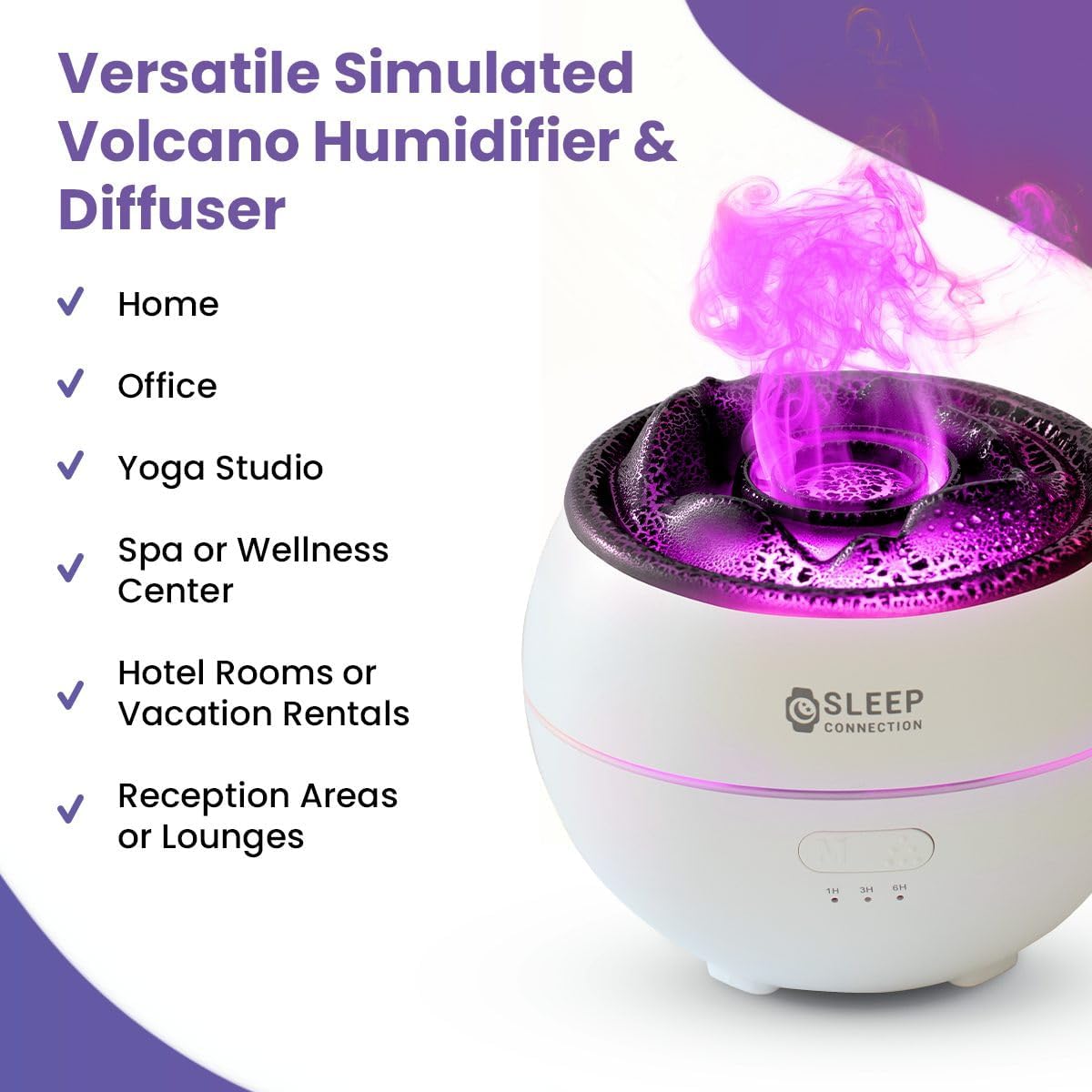 Sleep Connection Volcano Humidifier Essential Oil Diffuser - 360ml Fine Mist Volcano Aroma Diffuser, Quiet Operation with Flexible Timer Settings, 7-Color LED Lights for Enhanced Sleep and Relaxation