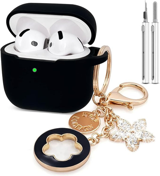 Airpods 4 Cases Silicone Protective Case for Airpod 4 with Bling Keychain for Apple AirPods 4th Generation Wireless Earbuds with Cleaner Kit (Black)