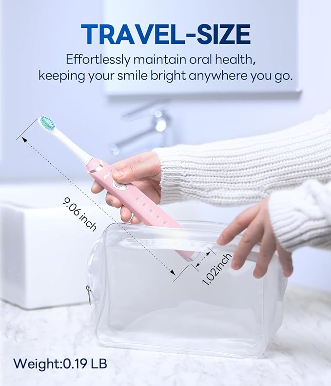 Bymore Electric Toothbrush for Adults,Travel Sonic Toothbrush with 8 Replacement Heads, Ultra Clean RechargeableToothbrush Portable One Charge for 330days 5 Modes 2mins Timer-Light Pink