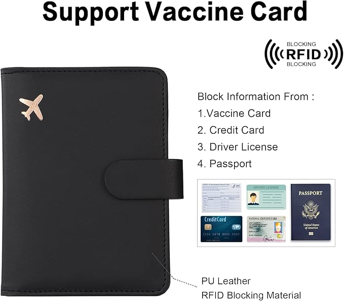 Cnycmy Passport Holder with Vaccine Card Slot, RFID Blocking, Waterproof, Unisex, Faux Leather, 2-in-1 Travel Organizer (Black)