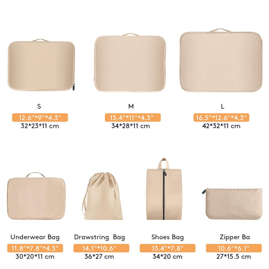 Lhelca 7 Set Packing Cubes Various Sizes Latest Double-Sided Water-Resistant Packing Organizer for Travel Accessories Luggage Carry On Suitcase Cream