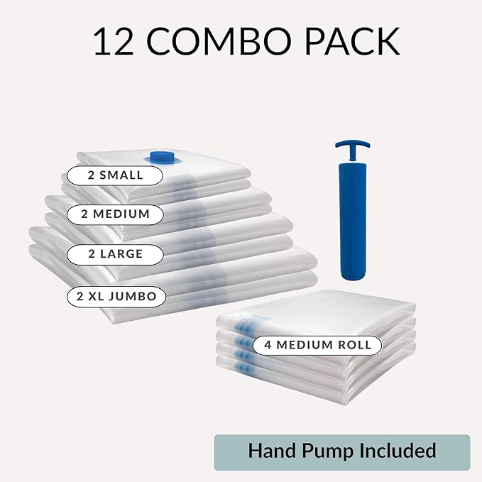 12 Pack Vacuum Storage Bags with Hand Pump, Compression Space Saver for Comforter, Bedding, Blanket Storage, Vacuum Seal Bags for Clothing, Luggage Suitcase and Closet Organizer