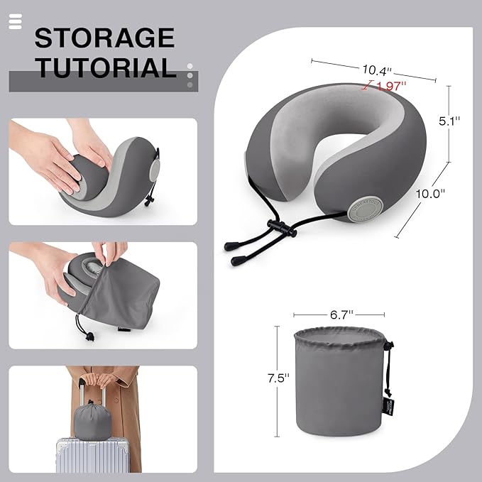 Travel Neck Pillows for Airplane Adults, Memory Foam Neck Support Travelling Pillow with Washable Cotton Pillowcases and Storage Bag, for Car, Train, Flight, Office and Home Use Adults Grey
