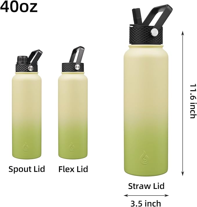 BJPKPK Insulated Water Bottles with Straw Lid, 40oz Cold & Hot Thermo, Stainless Steel Metal Water Bottle with 3 Lids, Reusable Thermo, Cups, Mugs, Tumblers -Avocado