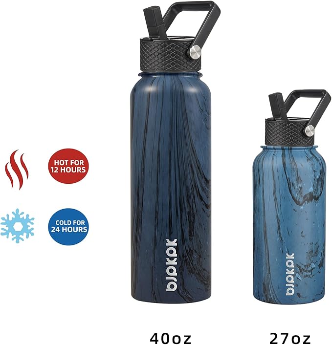 BJPKPK Insulated Water Bottles with Straw Lid, 27oz Stainless Steel Water Bottle with 3 Lids, Leak Proof BPA Free Metal Thermo, Mugs, Tumblers, Keep Cold Hot - Wood Prussian Blue