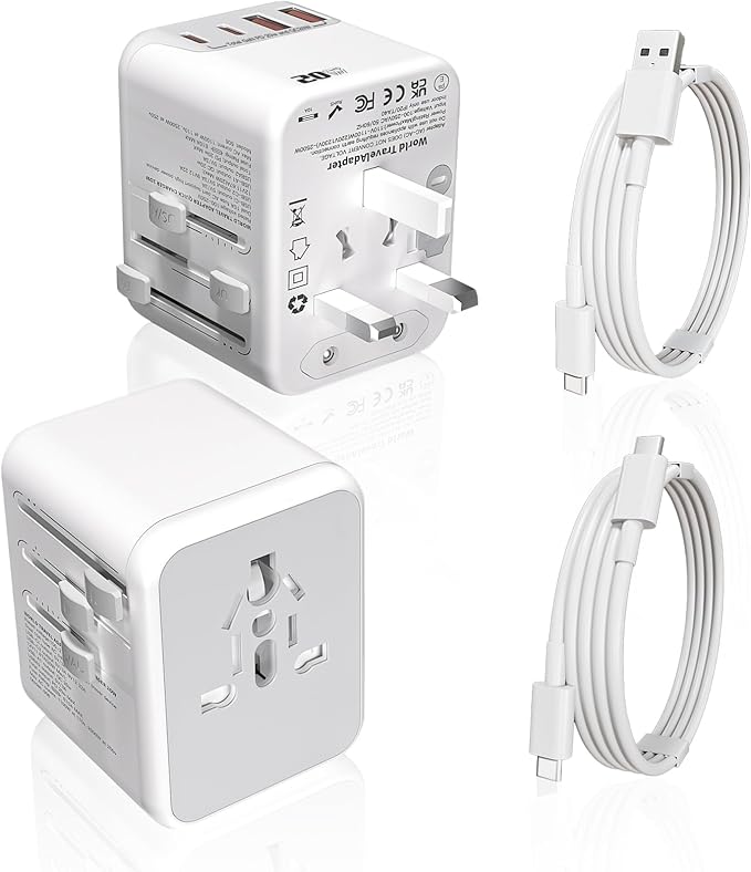 2Pack Universal Travel Adapter, International Travel Plug Adapter with 2 USB-C(PD 20W) & 2 USB-A Ports 3FT Type C Cable Cord,All in One Portable Adaptor for USA, UK, EU, AU & 224+ Countries (White) US