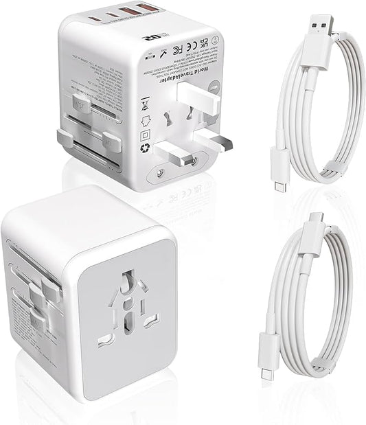 2Pack Universal Travel Adapter, International Travel Plug Adapter with 2 USB-C(PD 20W) & 2 USB-A Ports 3FT Type C Cable Cord,All in One Portable Adaptor for USA, UK, EU, AU & 224+ Countries (White) US