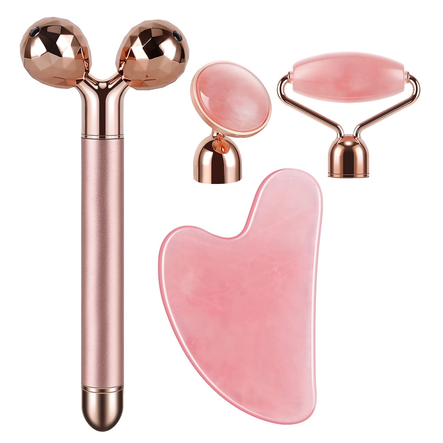 4-in-1 Face Massager and Gua Sha Set for Women, Rose Quartz Face Roller Skin Care Tools Electric Eye Massager Tool for Face Skin Roller