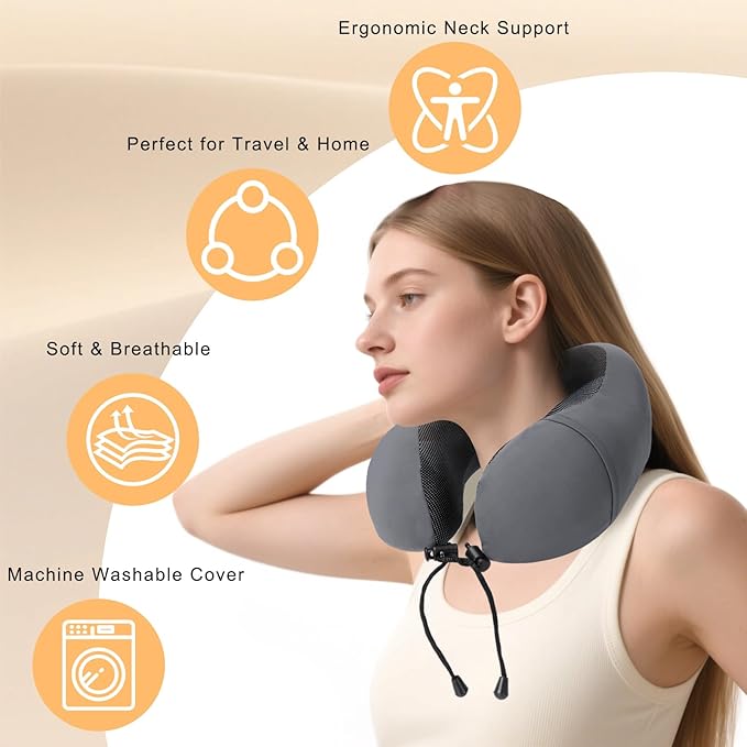 HydroAurum Travel Pillow 100% Pure Memory Foam Neck Pillow for Traveling – Ergonomic Neck Support Pillow for Airplane, Soft & Breathable Cover, Washable & Portable with Travel Bag