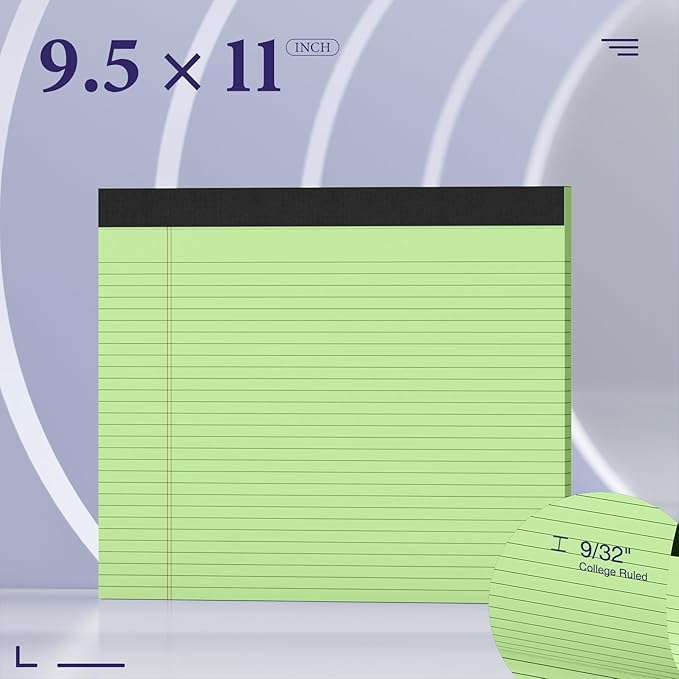 2 Pads Note Pads 11" x 9.5" Legal Pads College Ruled Notepad Micro Perforated Writing Pads Green Lined Paper 80GSM College Ruled Paper Pad of Paper 30 Sheets Notebook for School, To-Do Lists, Office