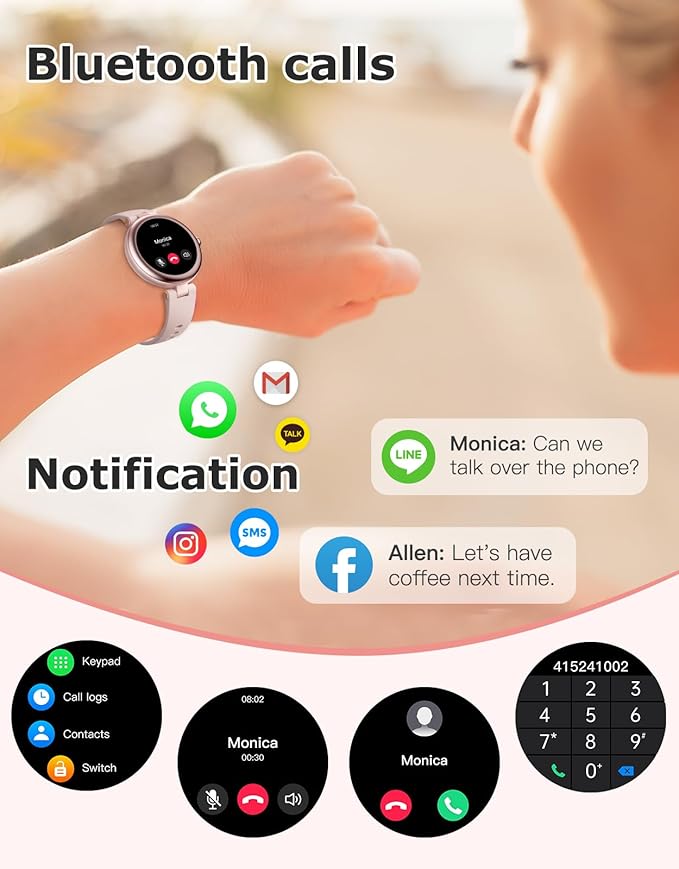 Fitness Tracker, Round Fitness Watches for Women with Bluetooth Call Heart Rate Monitor Sleep Tracker Calorie/Step Counter, Birthday Gift for Women Lady Mom Waterproof (Pink)