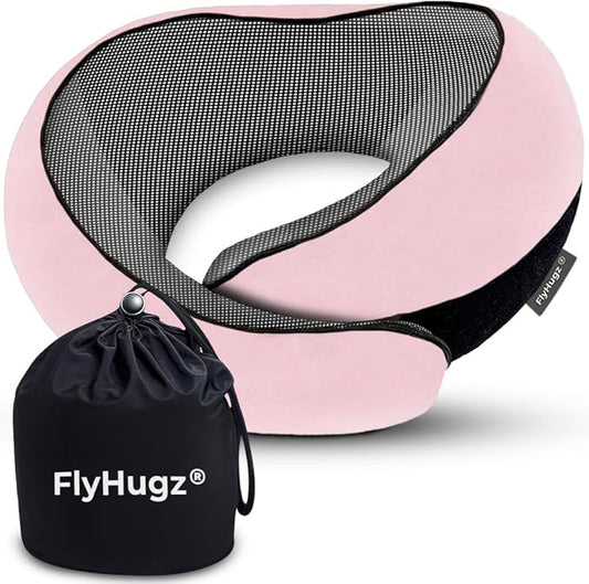 FlyHugz® Neck Travel Pillow | Memory Foam Neck Pillow for Comfort on Airplane | Compact and Ergonomic Design for Travel, Car Rides, and Home Use | Ideal for Adults and Kids (Pink)