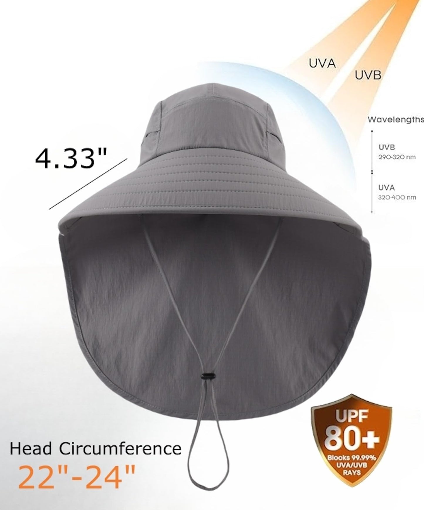 Home Prefer UPF 80+ Sun Hat for Men Women Wide Brim Sun Hat with Neck Flap UV Protection Safari Beach Bucket Fishing Hat Dark Grey