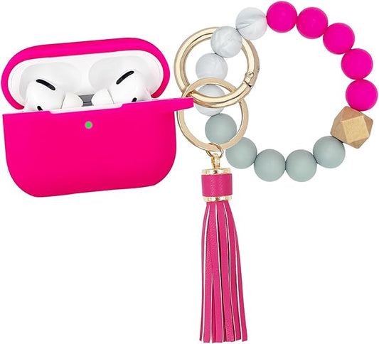 Compatible with Airpods Pro Soft Silicone Case Cover with Bracelet Keychain for Apple Airpod Pro 1st Generation Case for Women (Hot Pink)