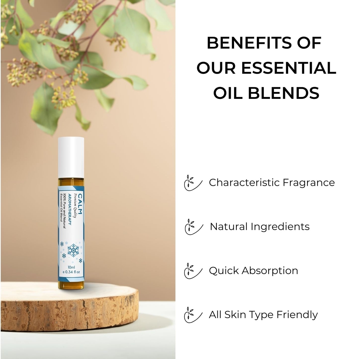 Benatu Calm Essential Oil Roll On Blend (with Ginger, Patchouli, Lemon Oil), Travel Size Relaxing Roller for Body Topical Massage, Natural Scent Aromatherapy Gift for Women & Men 10ml