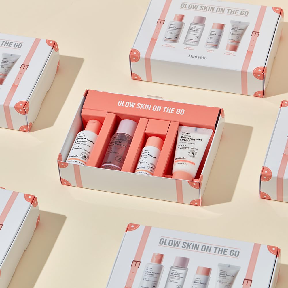 Hanskin Glow Skin on the Go Kit– Brightening & Hydrating Travel Kit with Cleanser, Essence, Serum & Lotion – Korean Skincare for Glowing, Radiant Skin – Moisturizing Face Care Vitamin C Gift Set