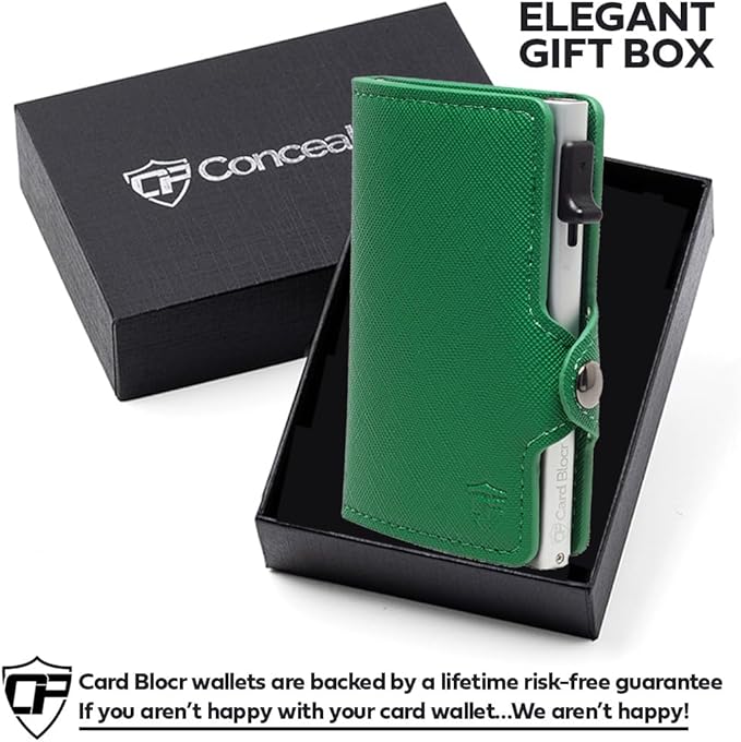 Card Blocr Womens Slim Wallet for Small Purses, Pop Up Wallet with Anti Theft RFID Blocking Credit Card Holder for Women in Green PU Saffiano Leather