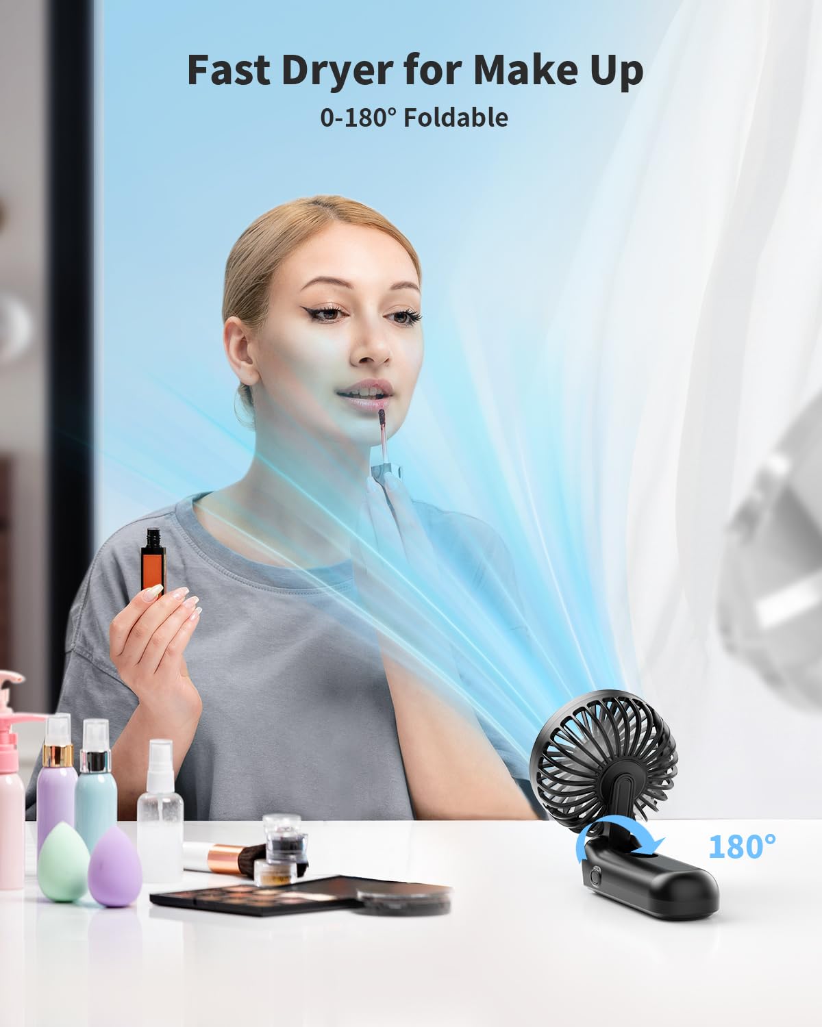 Foldable Portable Fan with LED Display, 3000mAh Battery Operated Mini Hand Held/Neck/Desk 3 in 1 Personal Small Fan for Eyelash Makeup Travel Beach Outdoor Black