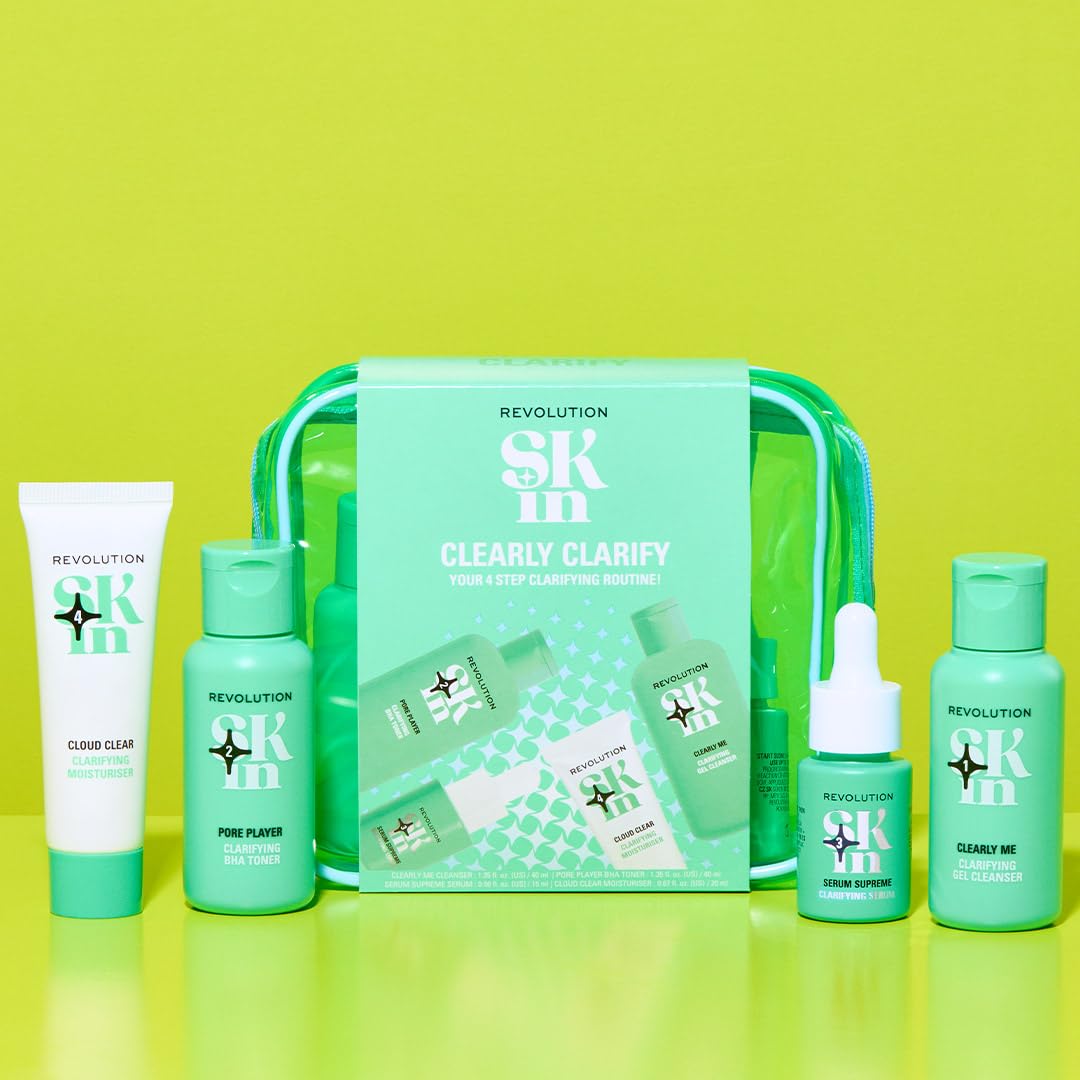 Revolution Skincare London, Clearly Clarify 4 Step Starter Kit, Skincare Set for Blemish-Prone Skin with Cleanser, Toner, Serum & Moisturizer, Vegan & Cruelty-Free, 4 Mini Products