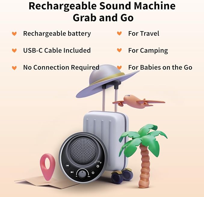 (2024 Upgrade)Rechargeable Portable Brown Noise Machine 2000mAH Large Battery Sound White Noise Machine 30 Soothing Sounds for Baby Kids Adults Sleep Machine Auto-Off Timer for Travel Camping and Home