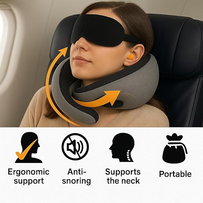 Travel Pillow, Travel Pillows for Airplanes, 100% Pure Memory Foam Travel Neck Pillow with Eye Mask & Ear Plugs, Comfort and Ergonomic Design, Ideal for Airplanes, Cars and Offices