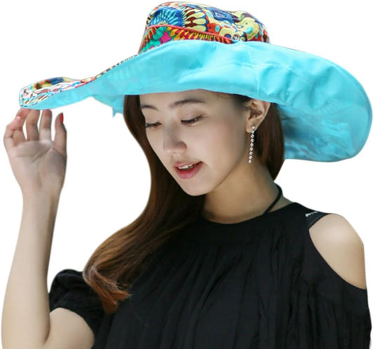 Women's Foldable Floppy Reversible Travel Beach Sun Visor Hat Wide Brim UPF 50+ Blue