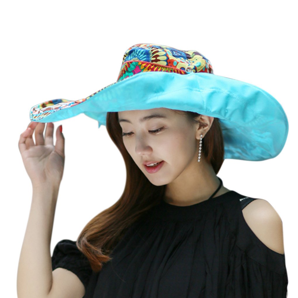 Women's Foldable Floppy Reversible Travel Beach Sun Visor Hat Wide Brim UPF 50+ Blue