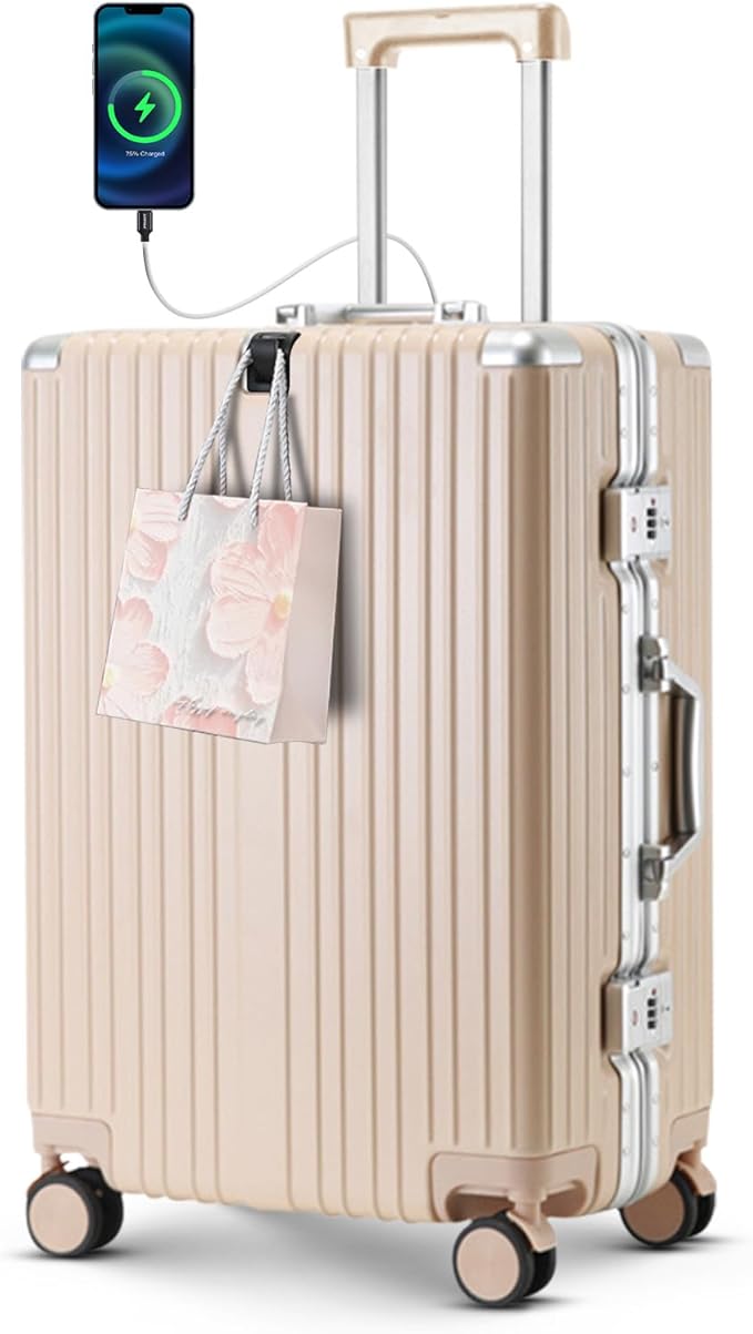 20 Inch Carry On Luggage Suitcase TSA Locks Approved Hardside Lightweight Suitcase With Cup Holder Carry-On Luggage With USB Port Zipperless Design Airline-Approved 360° 8 Double Spinner Wheels