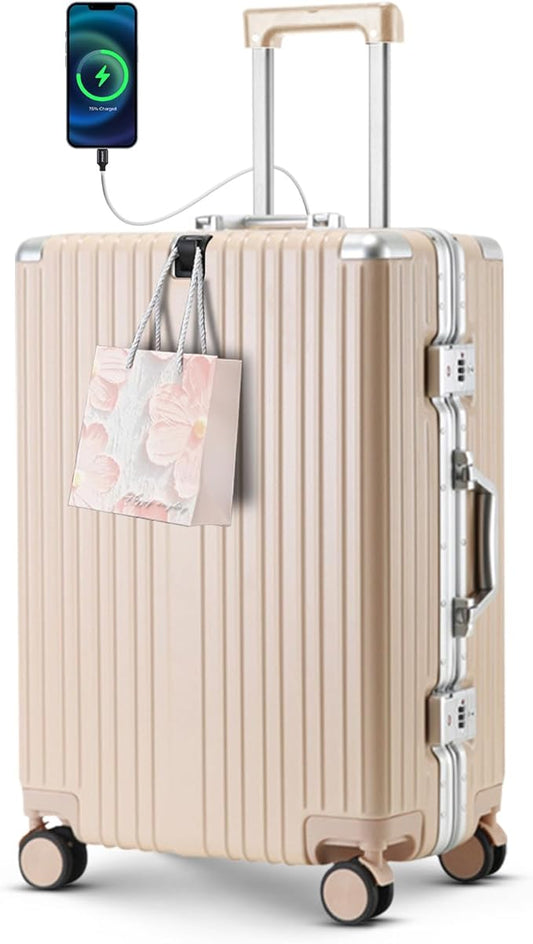 Carry-on with USB Port Carry on Luggage Lightweight Hardside Spinner Wheel Luggage with 360°Silent Spinner Wheels (Pink=22Inch, 22Inch)