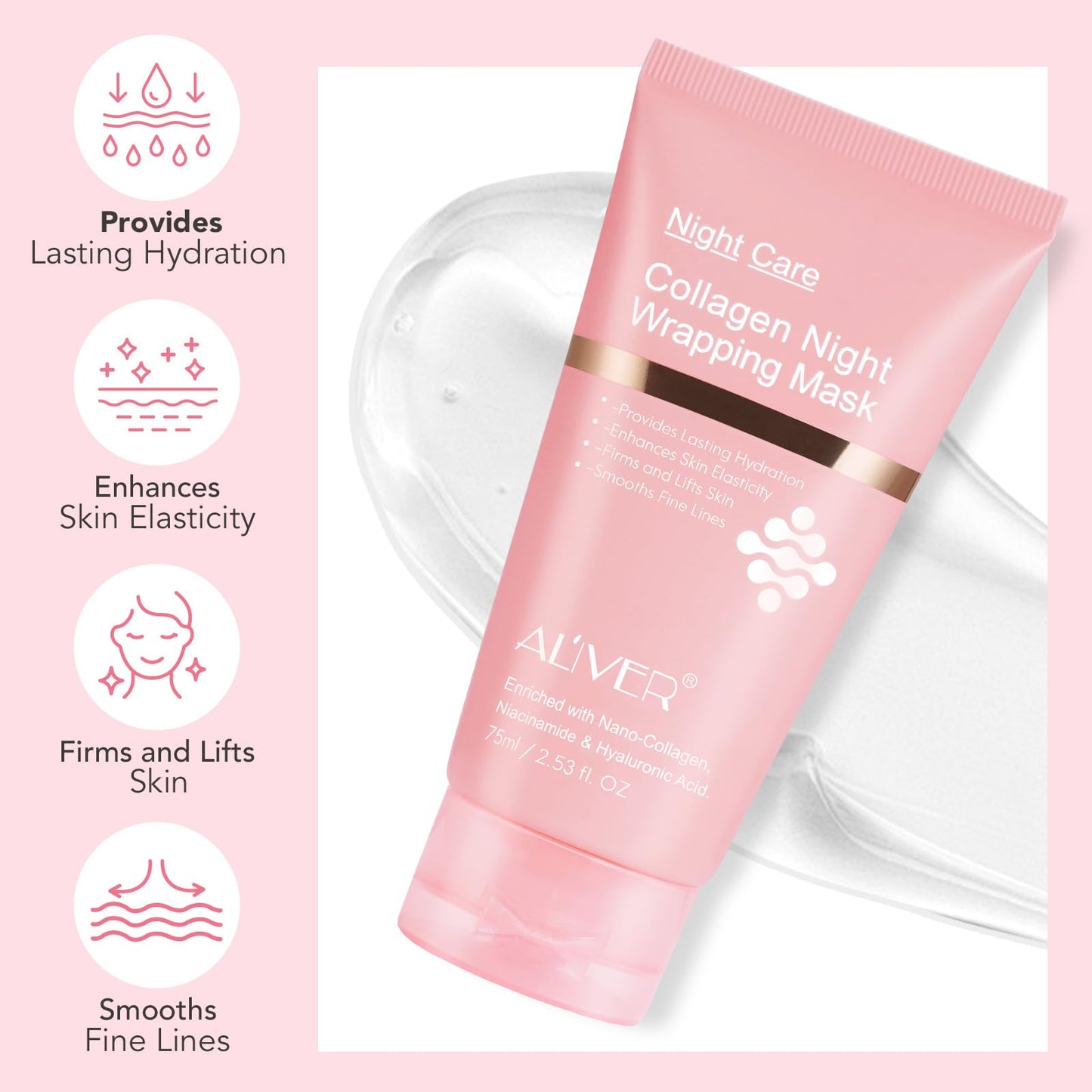 Collagen Overnight Wrapping Peel off Face Mask, Collagen Night Wrapping Mask, Elasticity & Hydration Care, Reduce Fine Lines & Dullness, Anti-aging Skin Care 2.53 fl.oz