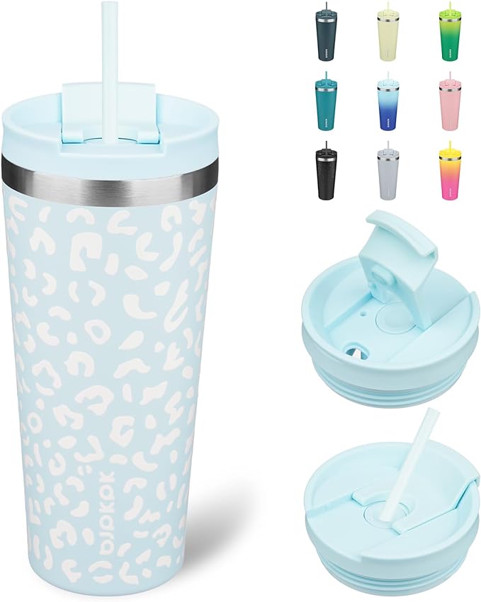 BJPKPK 22oz Tumbler With lid And Straw Stainless Steel Travel Coffee Mug Insulated Tumblers Cups,Light Blue Leopard