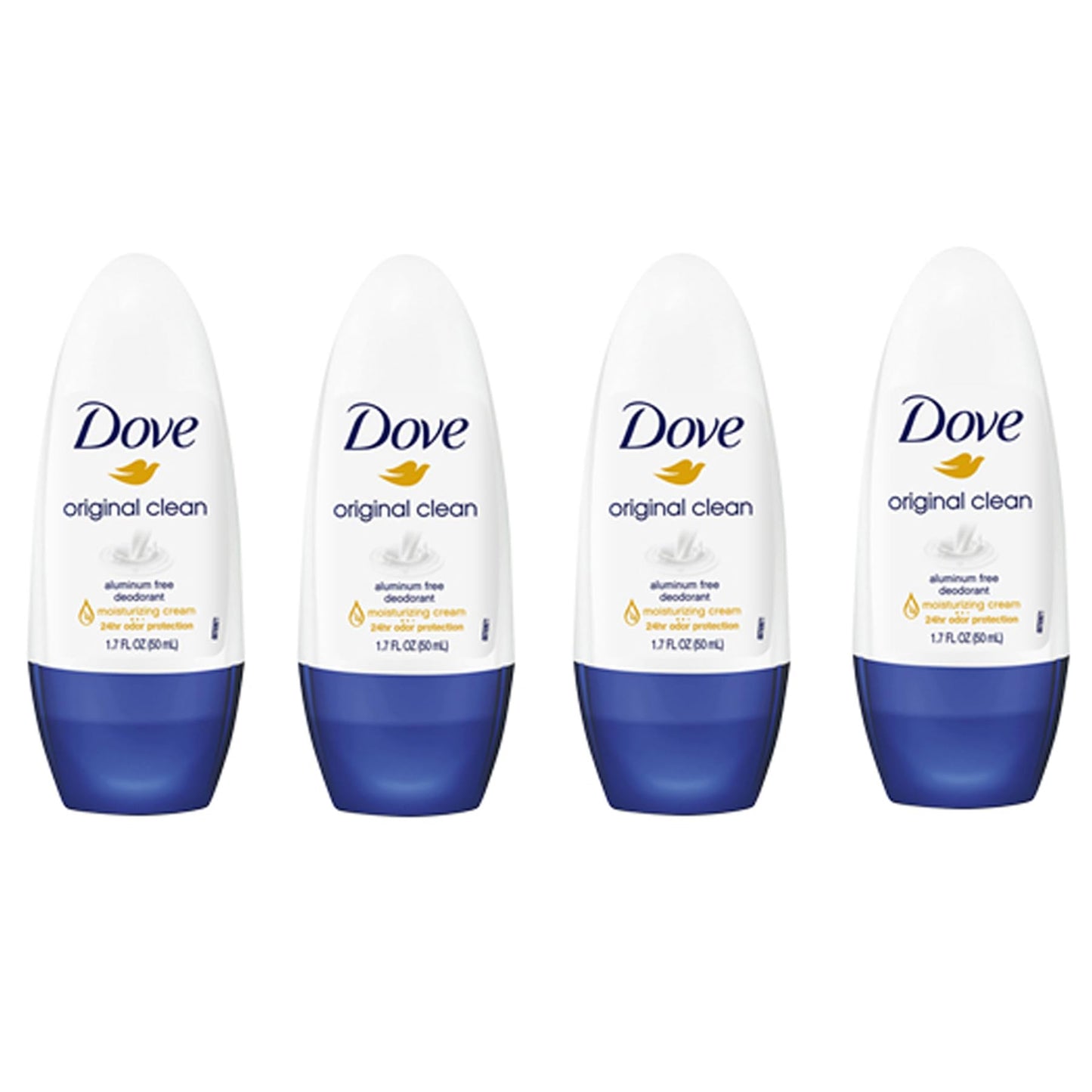 Dove Original Clean Roll On Deodorant, Aluminum Free, All Day Odor Protection, 4-Pack, 1.7 FL Oz Each, 4 Bottles