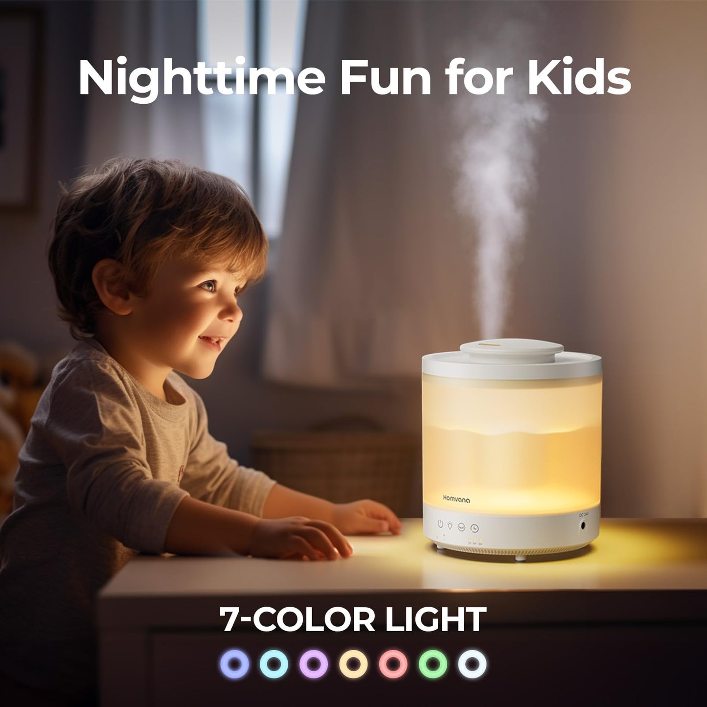 Homvana Small Humidifiers for Bedroom - 2 Packs 1.8L Cool Mist Top Fill Humidifier for Baby Nursery, Essential Oil Diffuser, 3 in 1 for Home Plants Offices and Grow Tents, 7 Color Lights, Ultrasonic