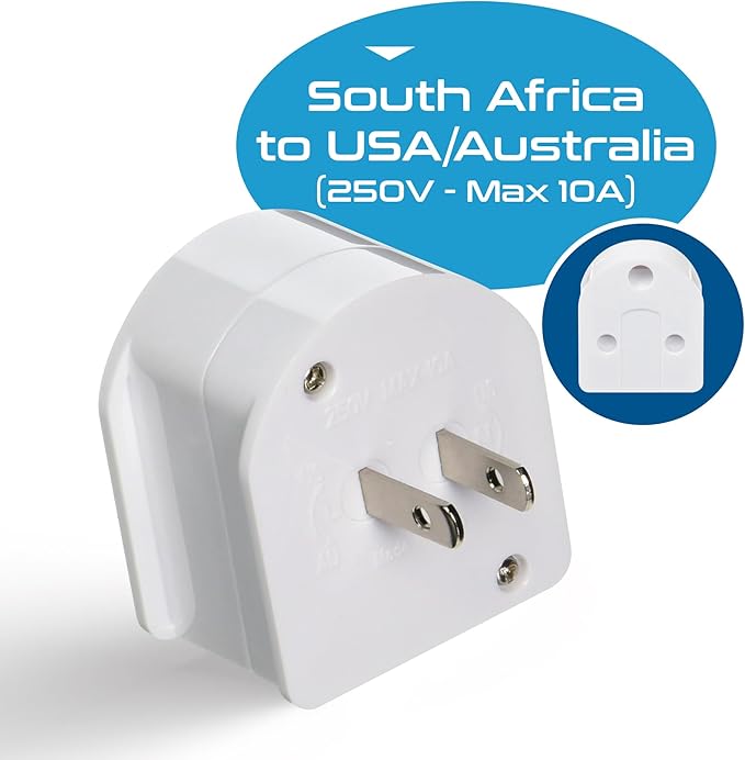 Ceptics South Africa to USA/Australia Plug Adapter – Type M to Type A/I Converter for Canada, Australia, China, Japan – Perfect for Phone, Laptop and Other Dual Voltage Chargers - CE & RoHS Certified