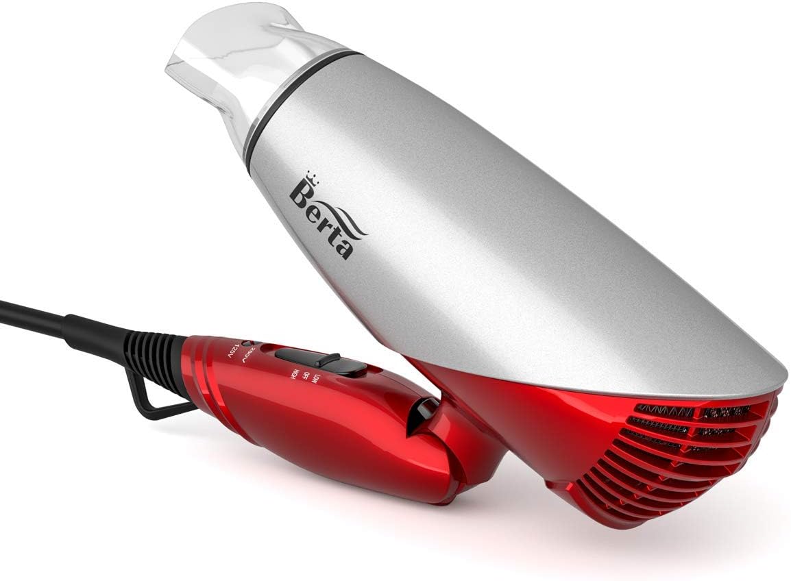 BERTA 1875Watts Folding Handle Hair Dryer Ceramic Negative Ionic Blow Dryer with Nozzle Compact for Children & Traveling