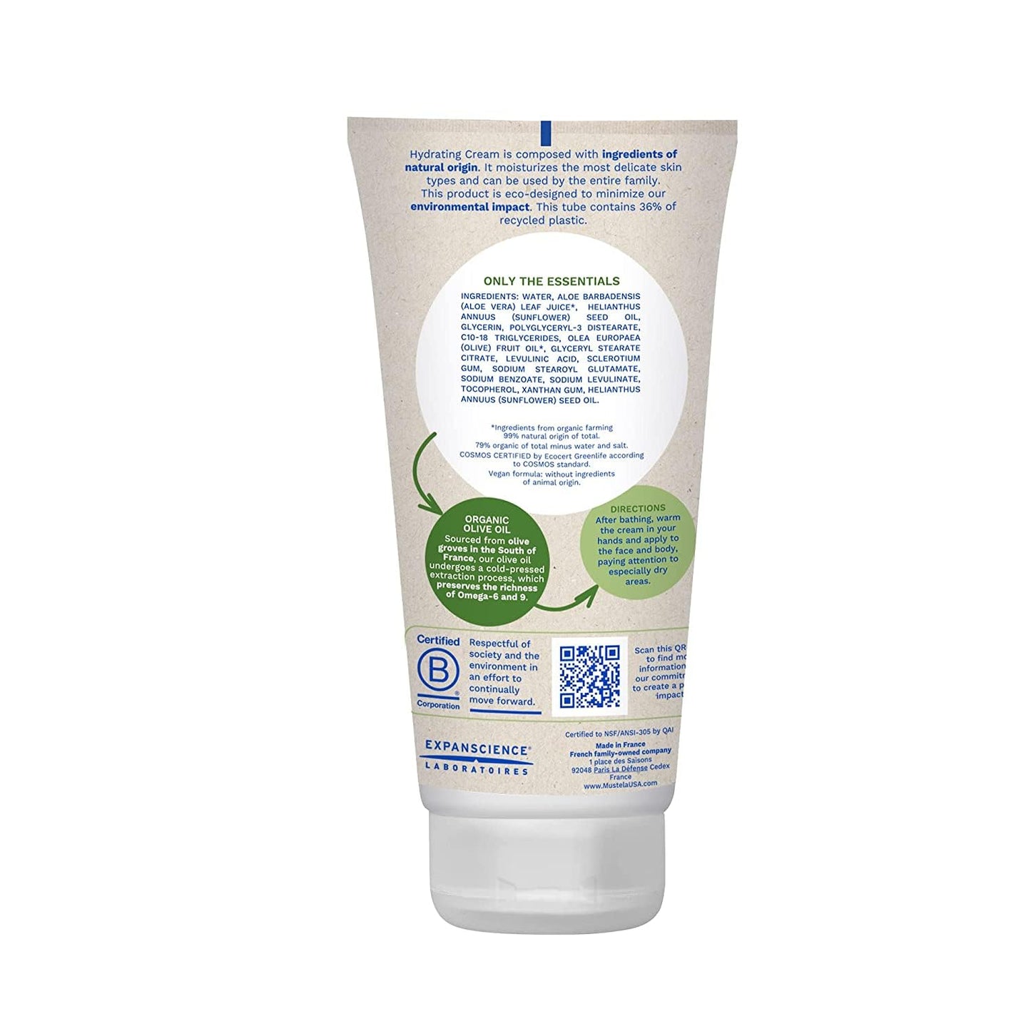 Mustela Certified Organic Hydrating Cream - Natural Body Lotion w/ Olive Oil, Aloe Vera & Sunflower Oil - For Baby, Kid & Adult - Fragrance Free, EWG Verified & Vegan - 5.07 oz. - Packaging may vary