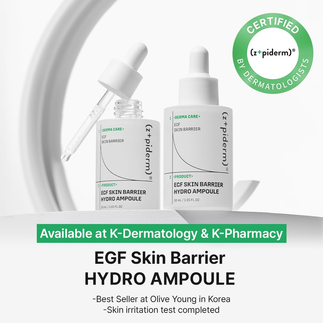 Zipiderm EGF Skin Barrier Hydro Ampoule with 5 CERAMIDE, PDRN & Niacinamide – Korean Barrier Repair Face Serum for Sensitive or Damaged Skin, Lightweight Hydrating Ampoule, 1.01 fl oz