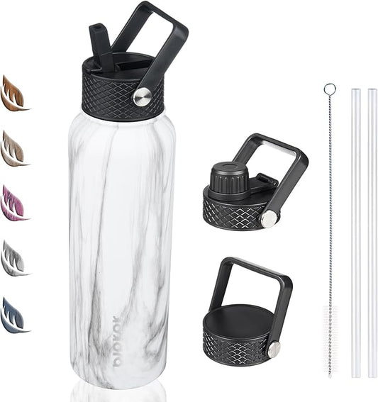 BJPKPK Insulated Water Bottles with Straw Lid, 40oz Stainless Steel Water Bottles with 3 Lids, BPA Free Leakproof Thermo, Tumblers, Cups for Sports, Gym- White Birch