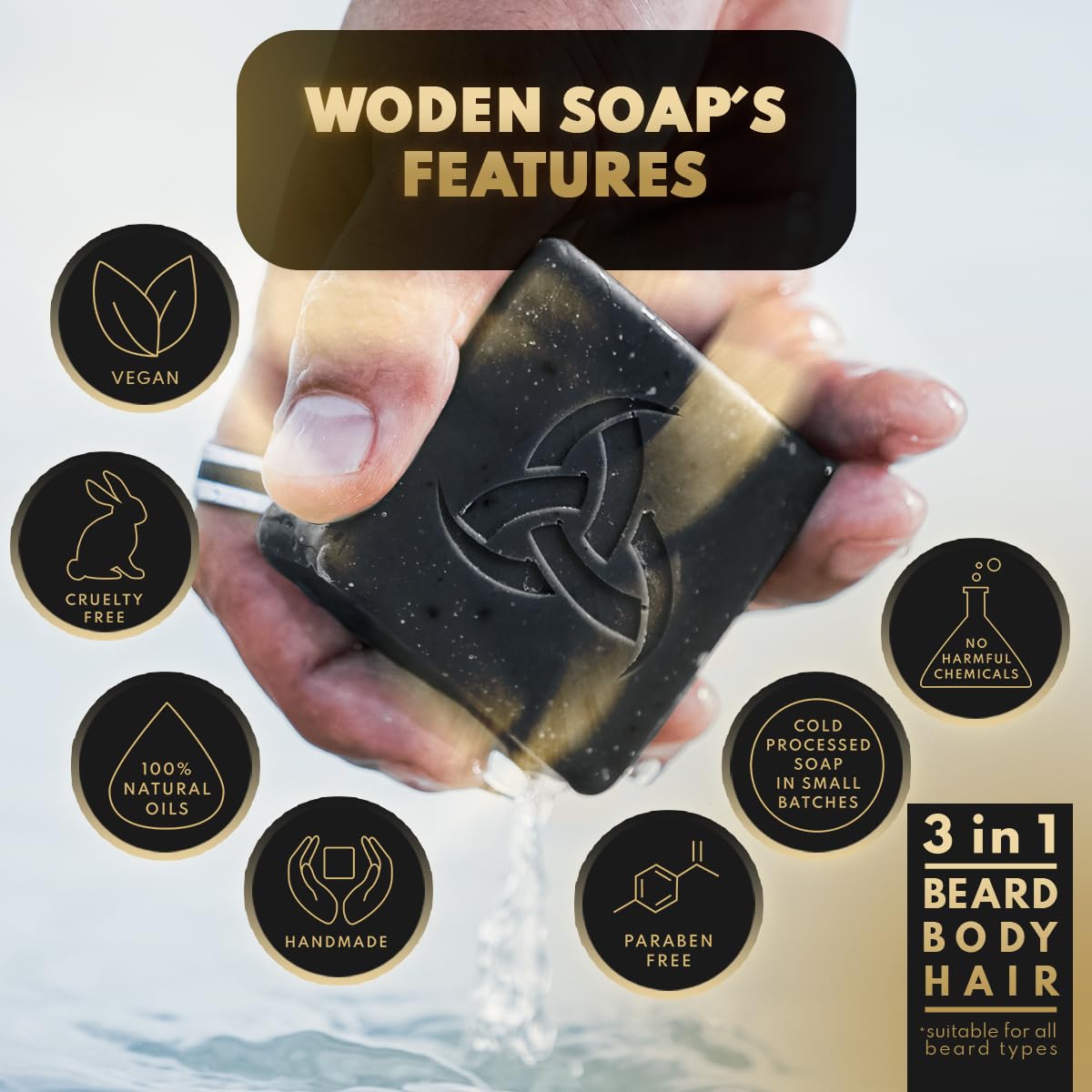 Woden Men's Natural Soap Bar - Beard, Body and Hair Soap 120g| Groom like a Viking | Spicy Wood Fusion | Fenrir | Woden