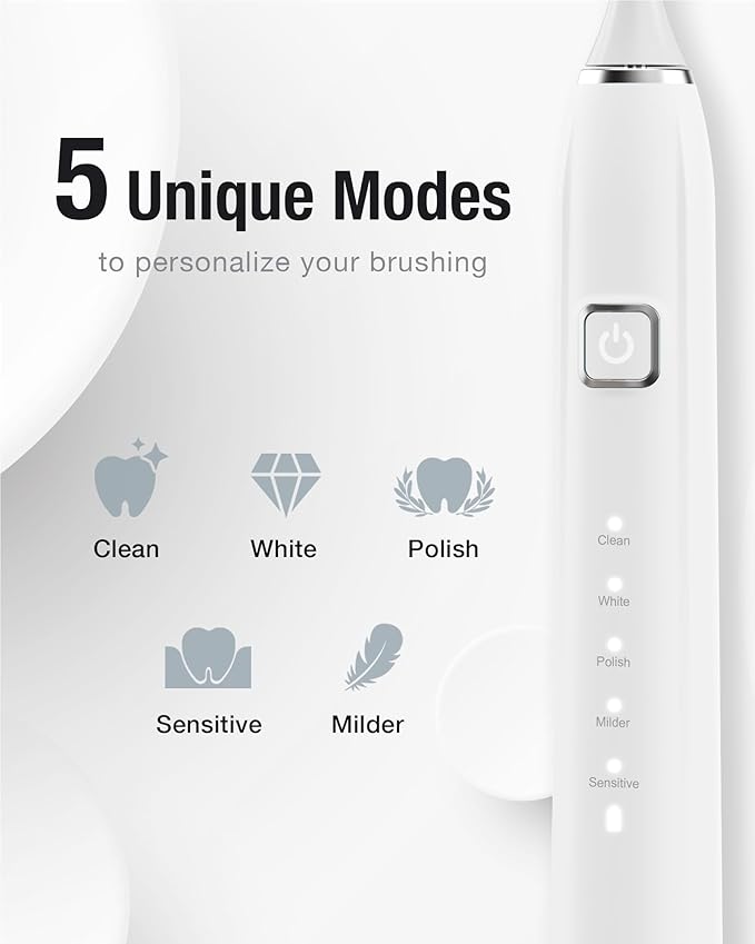 7AM2M Sonic Electric Toothbrush with 6 Brush Heads for Adults&Kids, One Charge for 120 Days, Wireless Fast Charge, 5 Modes, 40000VPM Powered Toothbrush, 2 Minutes Built in Smart Timer - White