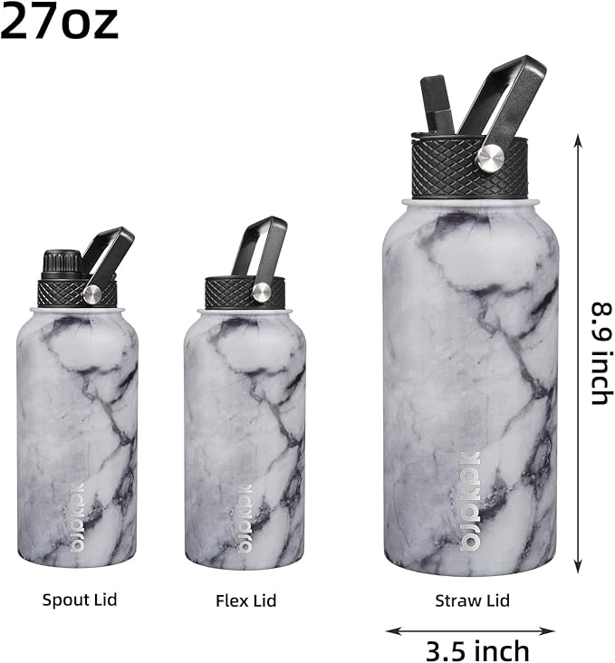 BJPKPK Insulated Water Bottles with Straw Lid, 27oz Stainless Steel Water Bottle with 3 Lids, Leak Proof BPA Free Metal Thermo, Mugs, Tumblers, Keep Cold Hot - Carrara Marble